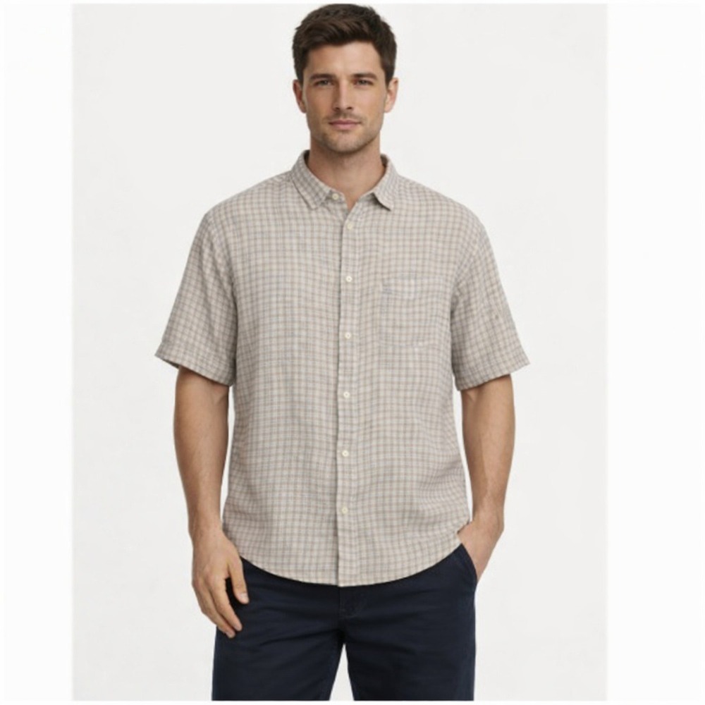 Tommy Bahama 100% Linen Button Up Camp Shirt Mens Size XL Tan Gingham Check EUC